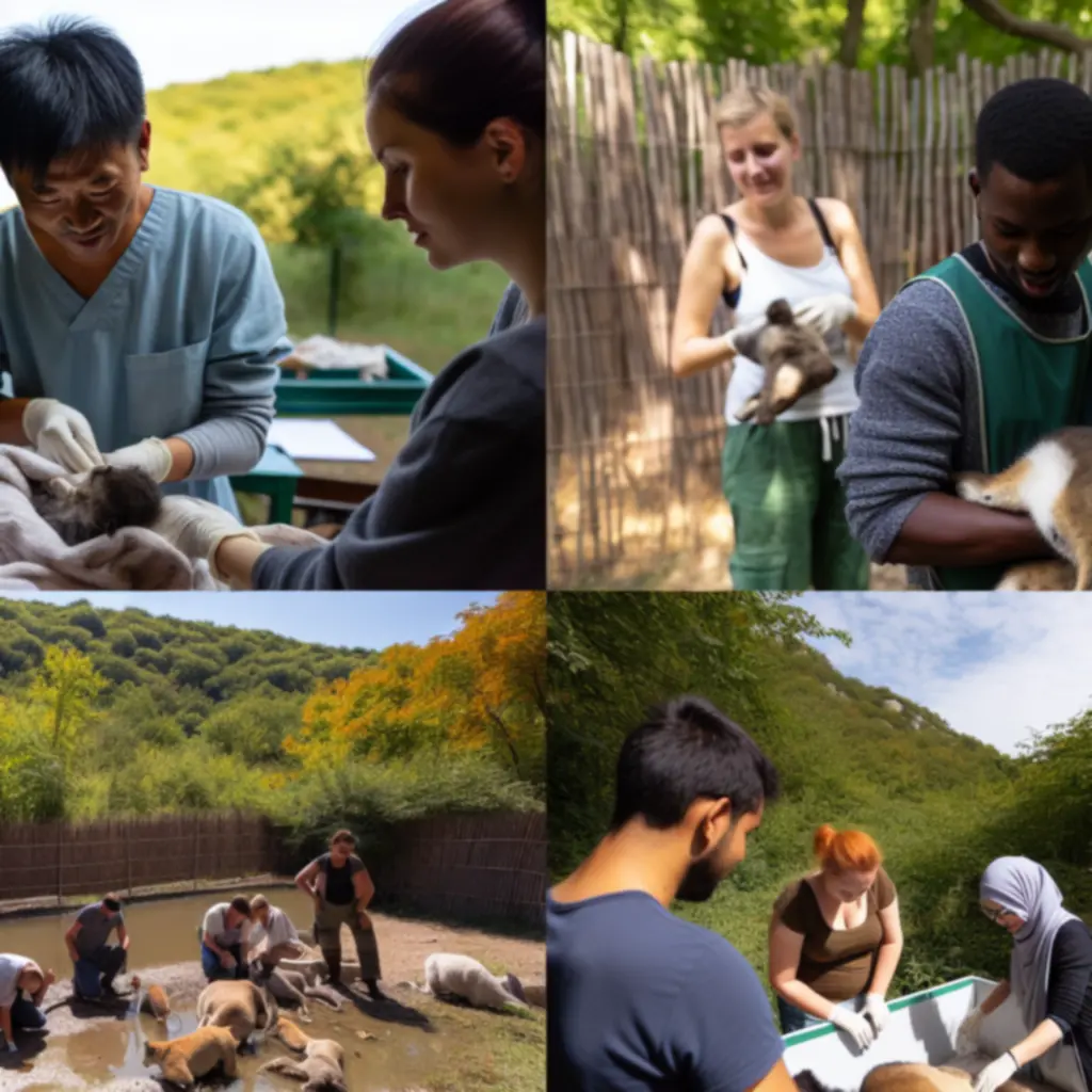 Állatvédelmi projekten közösen dolgozó szakemberek és önkéntesek Magyarországon