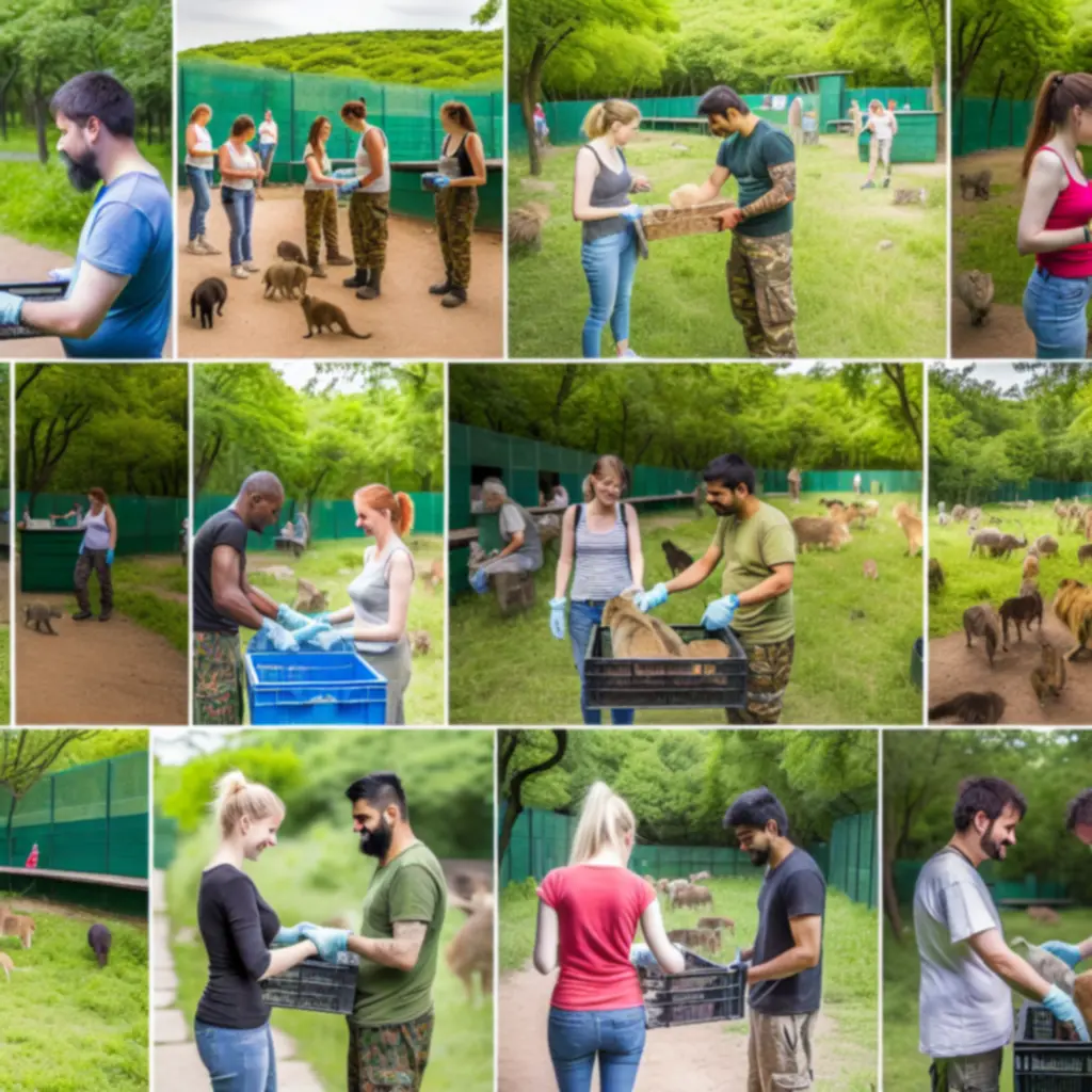 Önkéntesek csoportja állatokkal egy zöld környezetben